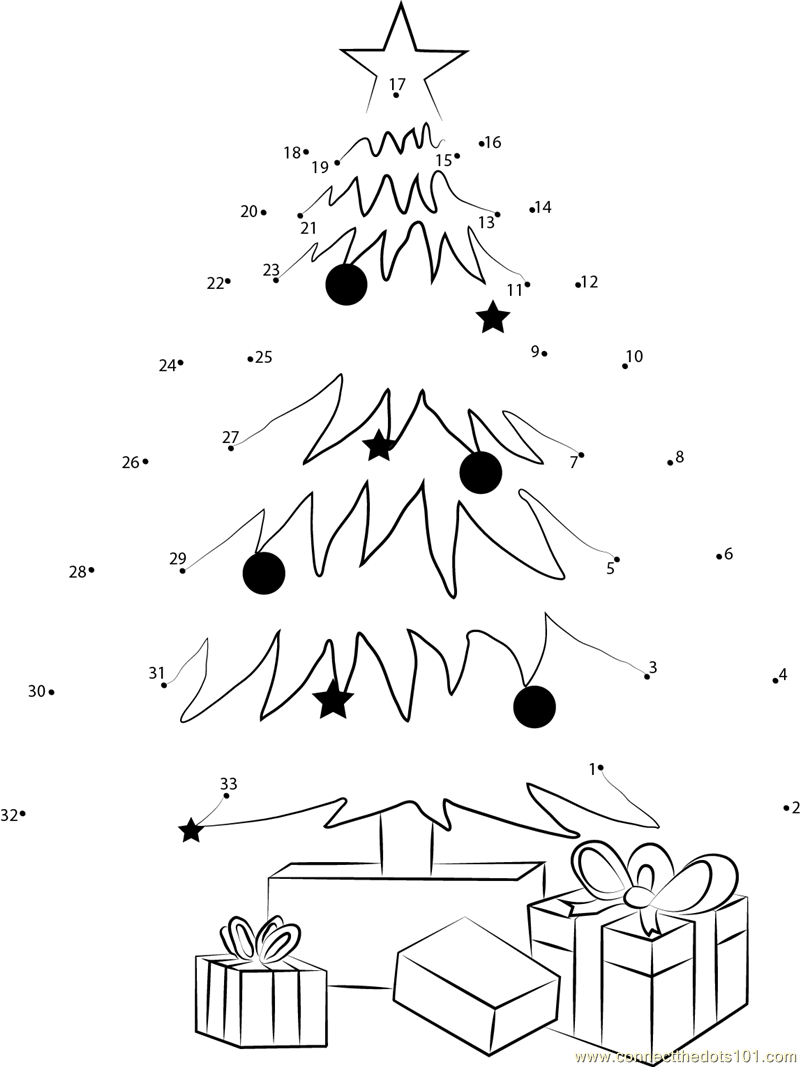 Christmas Tree Decorating And Gifts Dot To Dot Printable Worksheet Connect The Dots