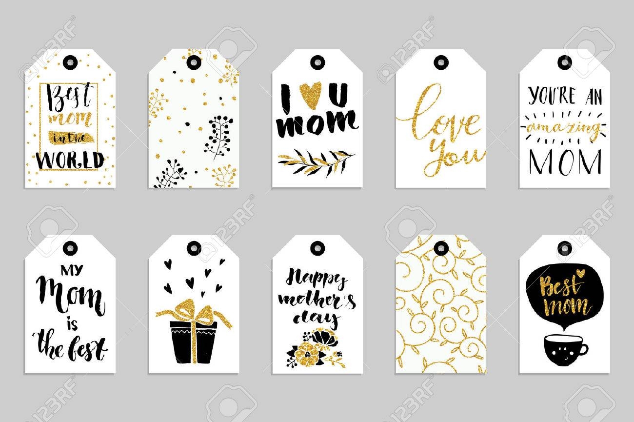 Collection Of Ten Gold Texture Happy Mother s Day Cute Ready to use Gift Tags Set Of 10 Printable Hand Drawn Holiday Label In Black White And Gold Vector Seasonal Badge Design Royalty Free SVG 