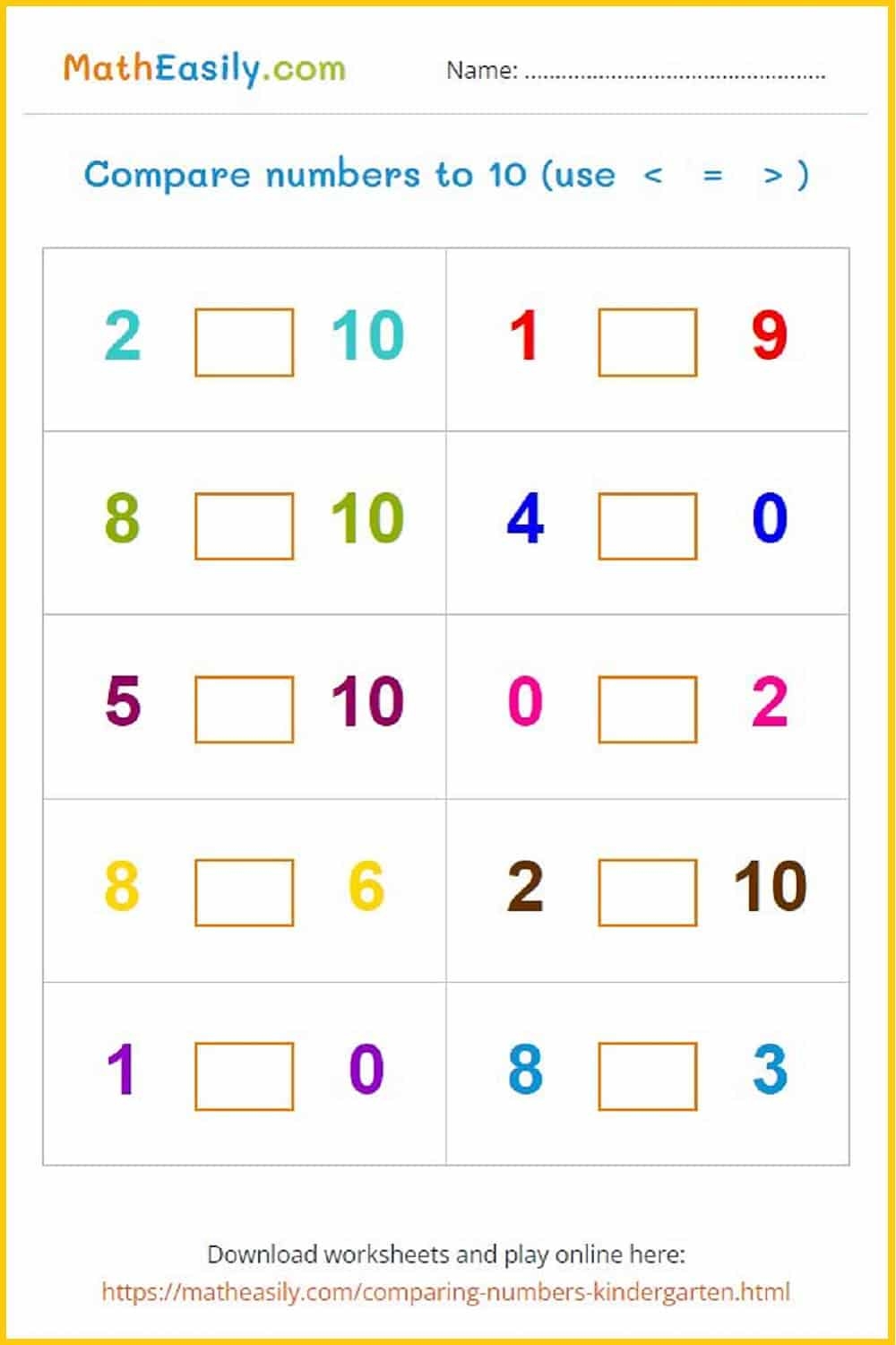 Comparing Numbers Games For Kindergarten Worksheets