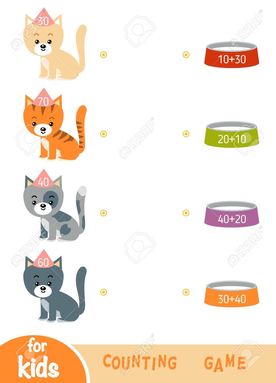 Counting Game For Preschool Children Educational A Mathematical Game Addition Worksheets Cats And Bowls With Milk Royalty Free SVG Cliparts Vectors And Stock Illustration Image 141240631 
