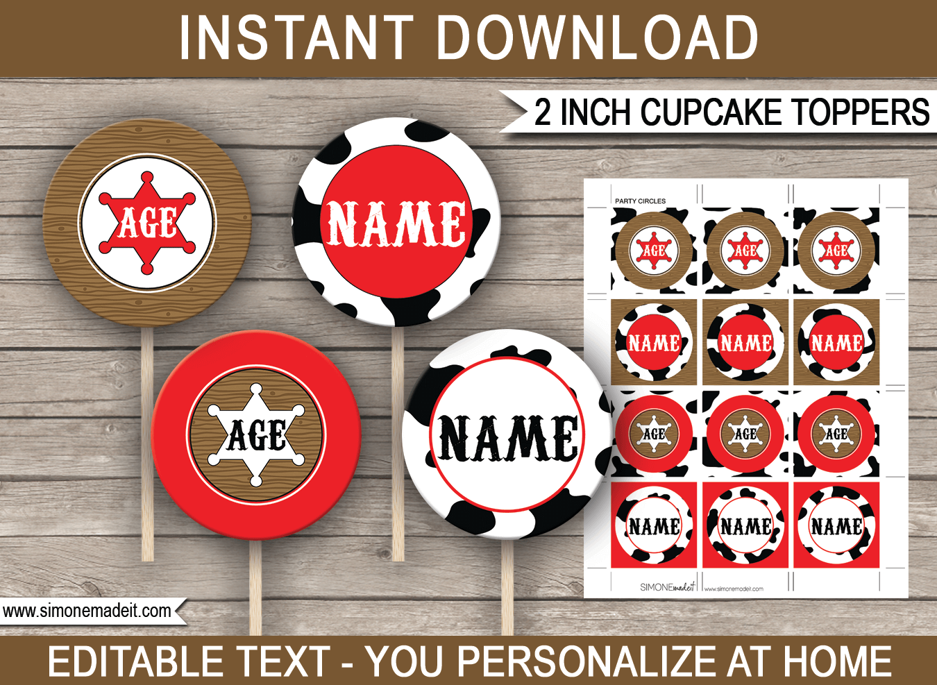 Cowboy Cupcake Toppers Template Printable Birthday Party Decorations