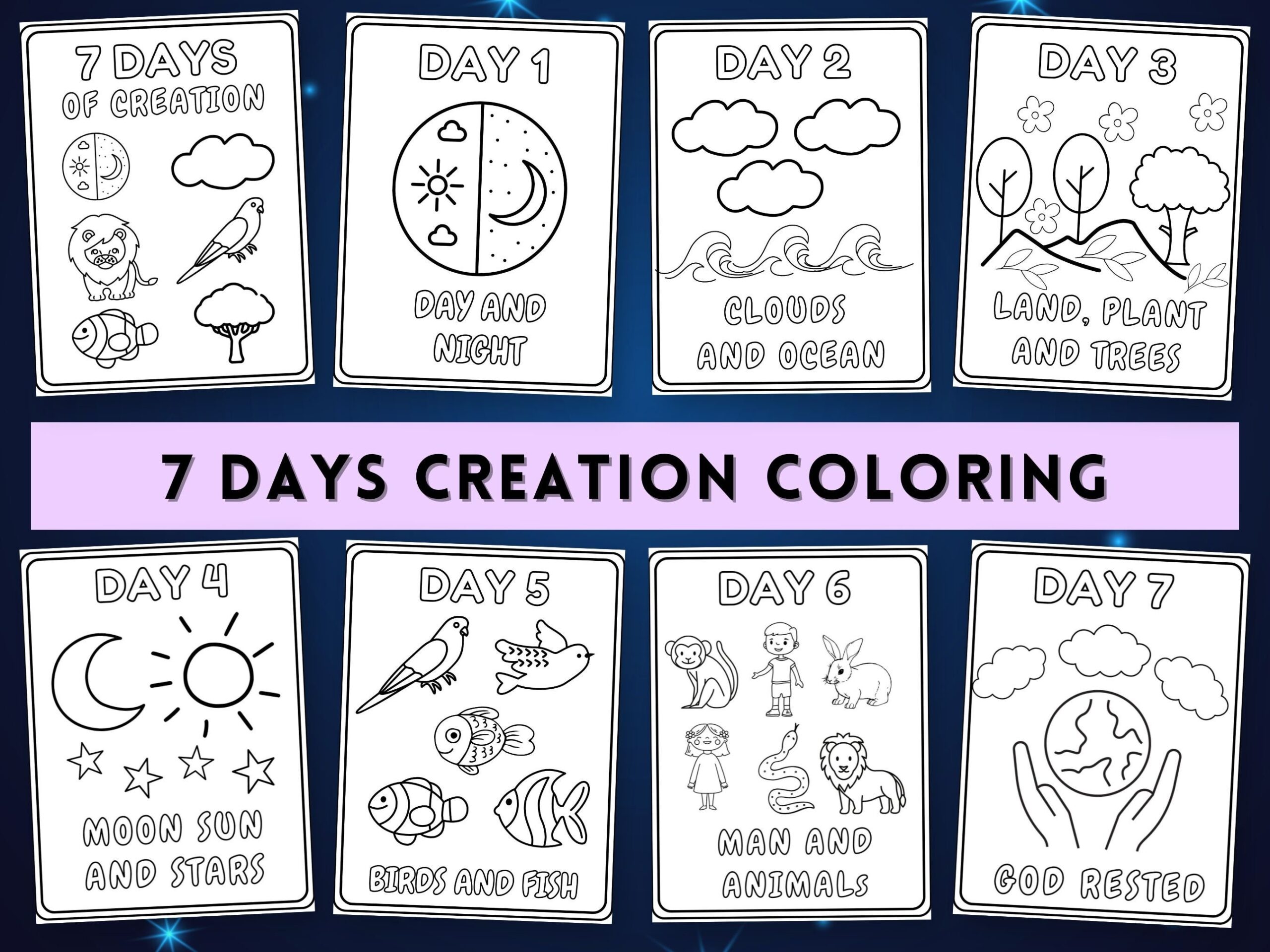 Creation Days Coloring 7 Days Of Creation Coloring Pages Days Of Creation Coloring Sheets Printable Kids Bible Activities Sunday School Etsy