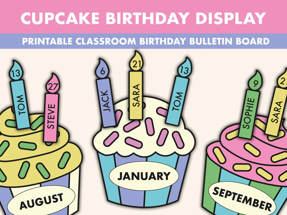 Cupcake Birthday Bulletin Board Kit Birthday Display Bulletin Boards Cupcake Bulletin Board Printable Birthday Cake Classroom Decor Etsy