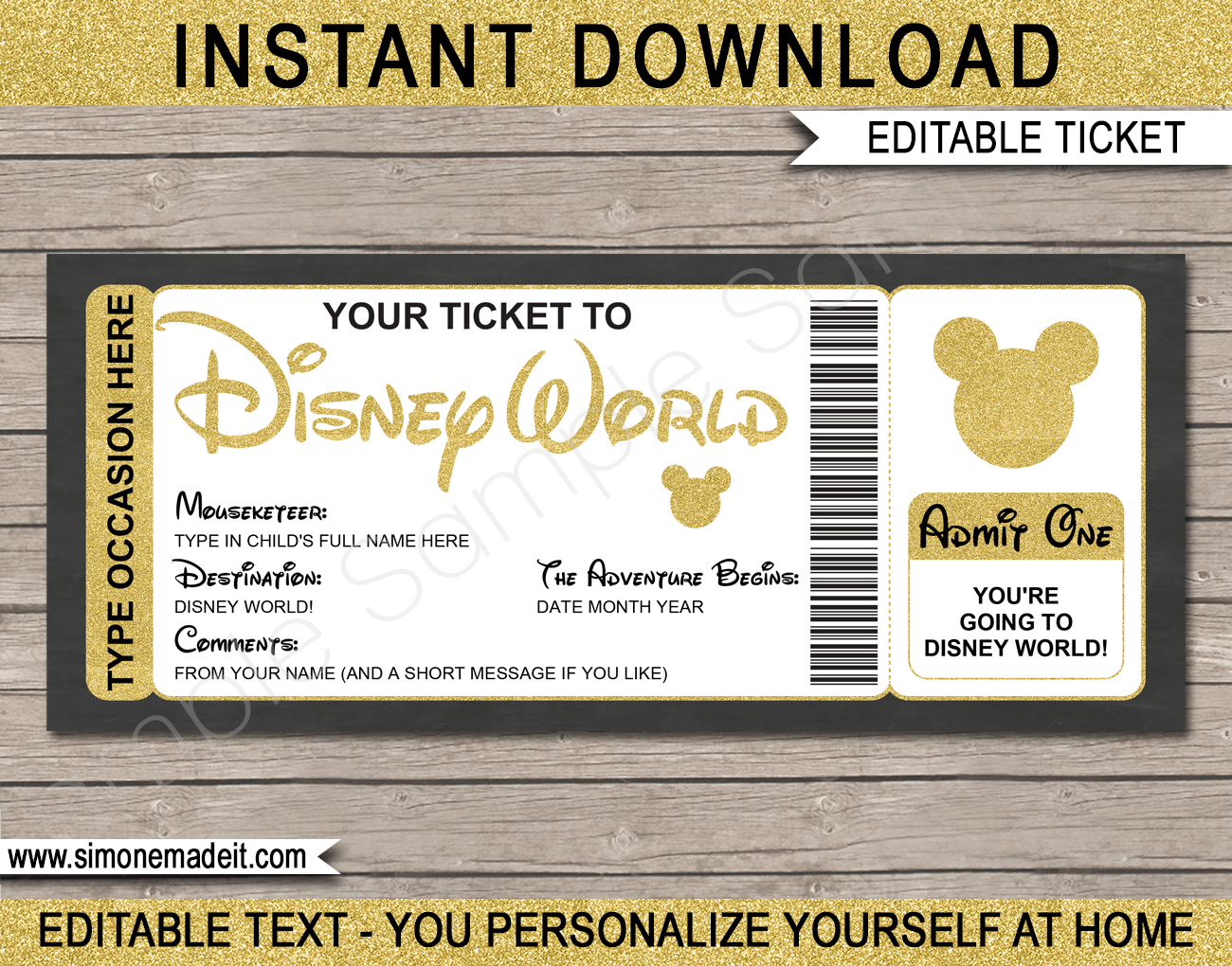 Disney World Trip Printable Template Surprise Disney Trip Reveal Gift Ticket