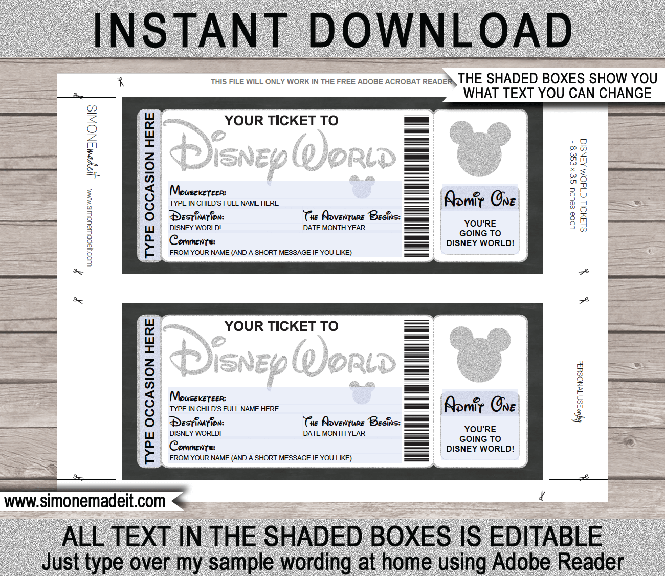 Disney World Trip Printable Template Surprise Disney Trip Reveal Gift Ticket