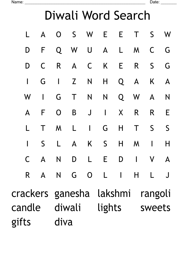 Diwali Word Search Free Printable