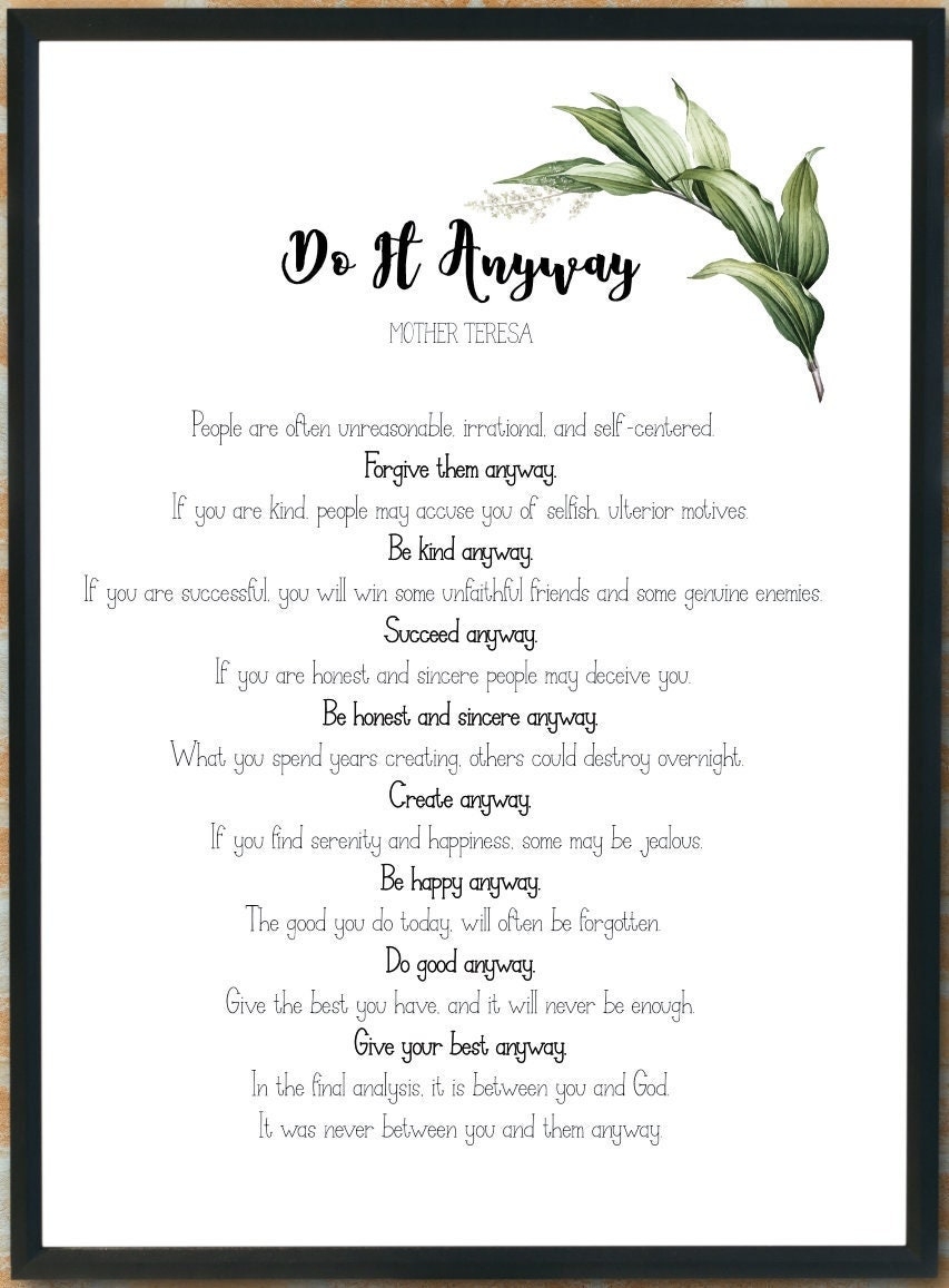 Do It Anyway Mother Teresa Digital Printable Poem A4 JPG PDF Instant Download Etsy
