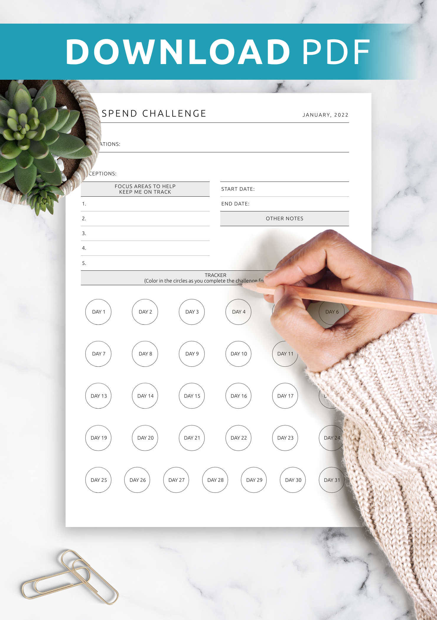 Download Printable Monthly No Spend Challenge Tracker Template PDF