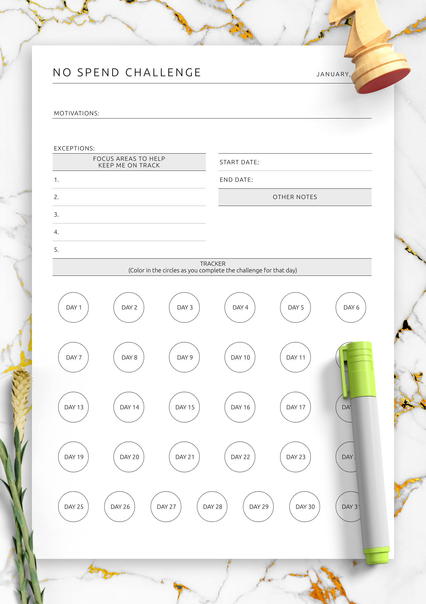 Download Printable Monthly No Spend Challenge Tracker Template PDF