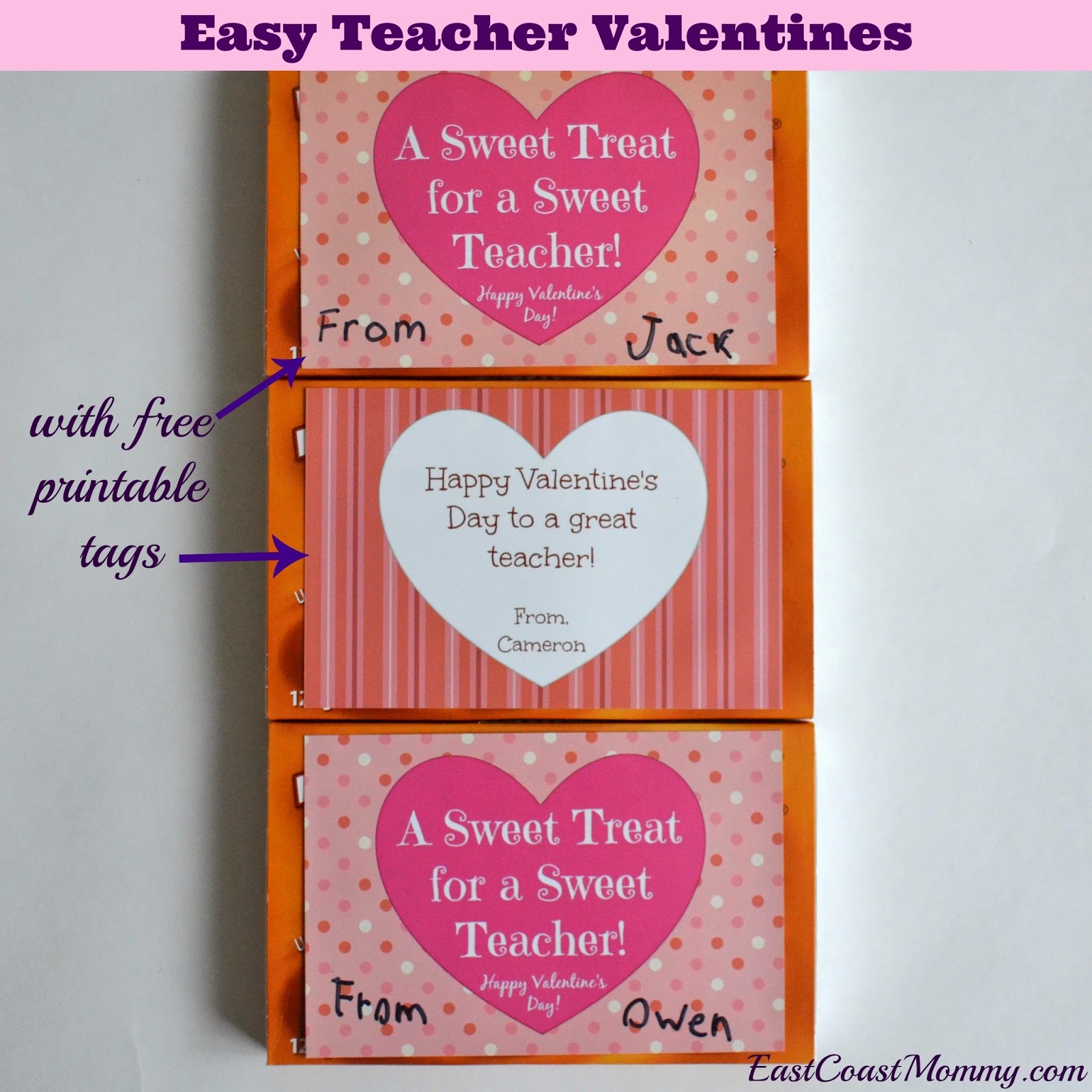 East Coast Mommy Last Minute Teacher Valentines with Free Printable Tags 