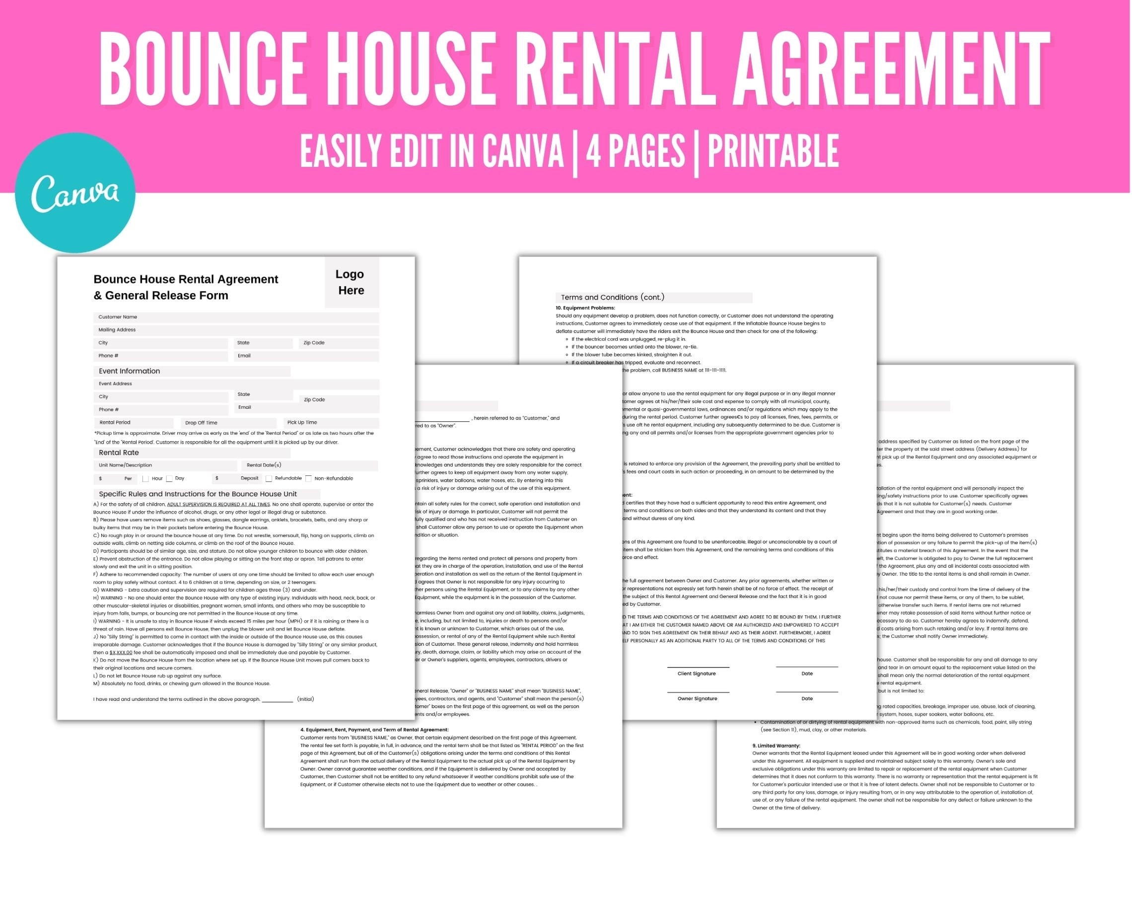 Editable Bounce House Rental Agreement And General Liability Waiver Inflatables Rental Agreement Etsy