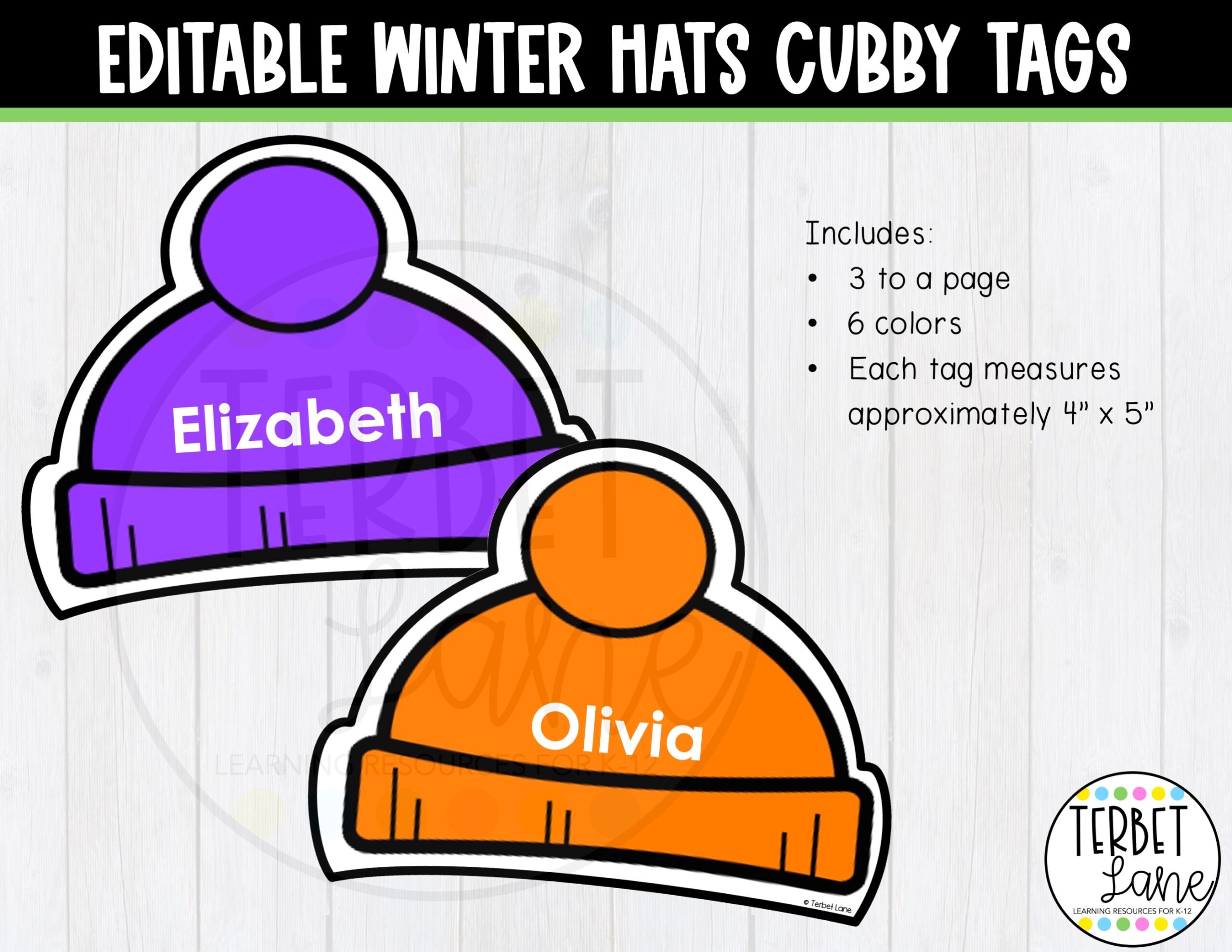 Editable Winter Hats Cubby Tags Classful