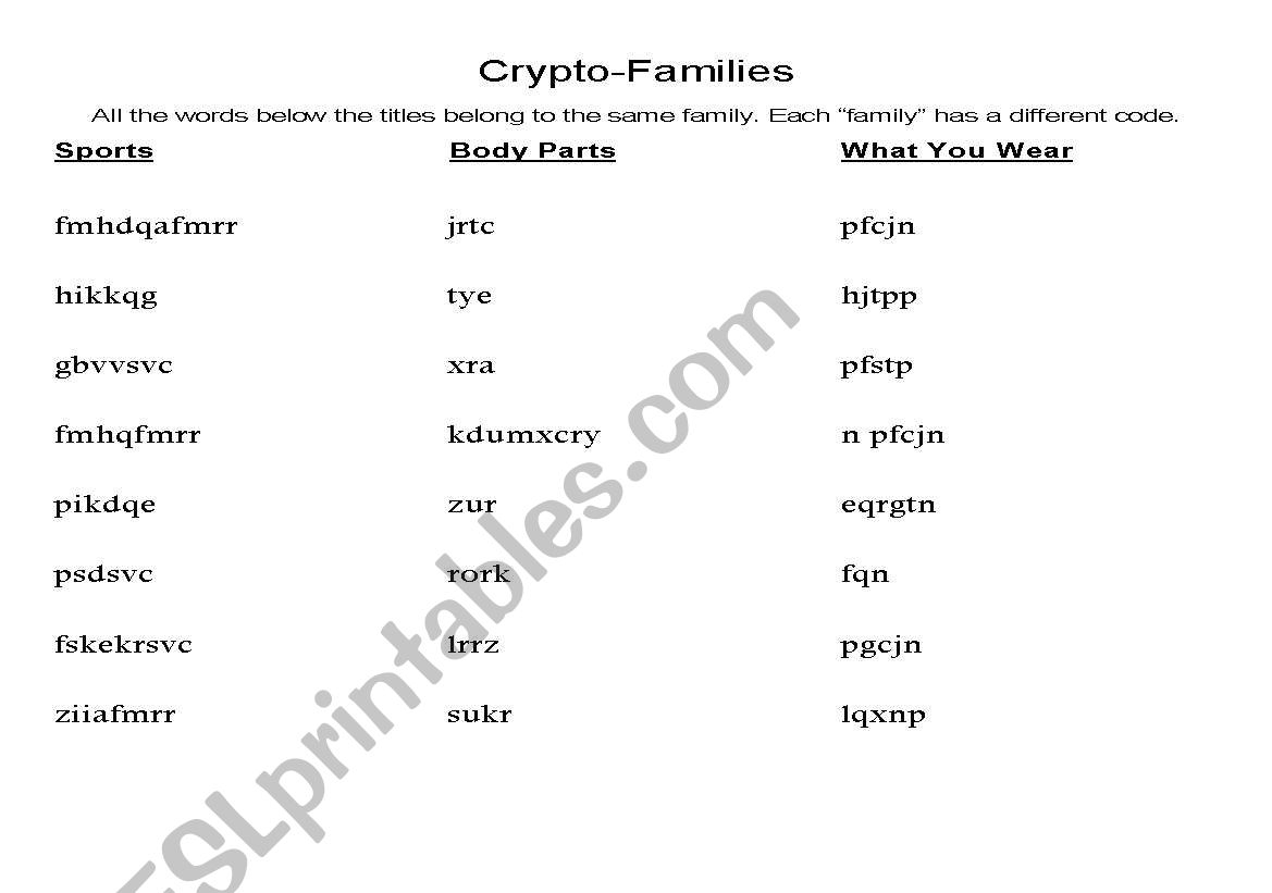 English Worksheets Crypto Families Find Words In Each Family Group