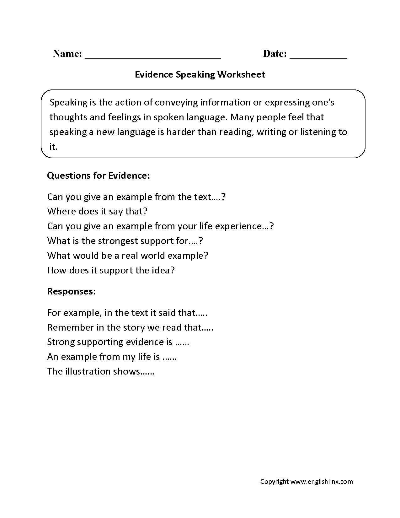 English Speaking Worksheets Pdf With Answers