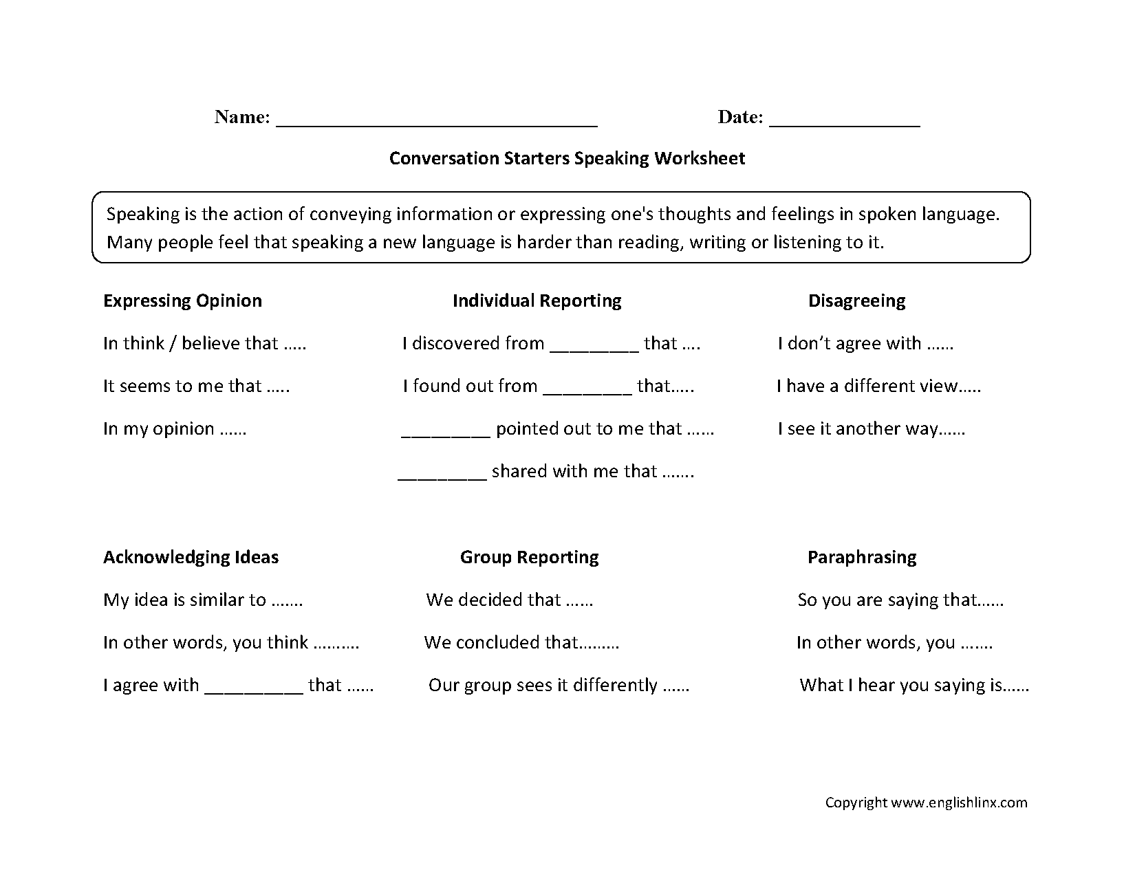 Englishlinx Speaking Worksheets