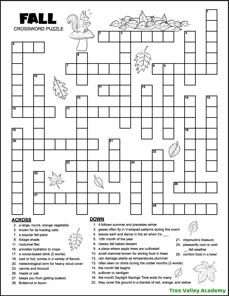 Fall Crossword Puzzle For Middle School Tree Valley Academy