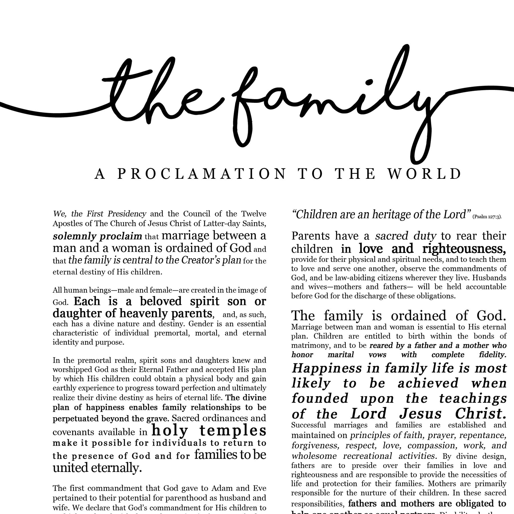 Family Proclamation Print On Premium Paper Cursive Title LDS