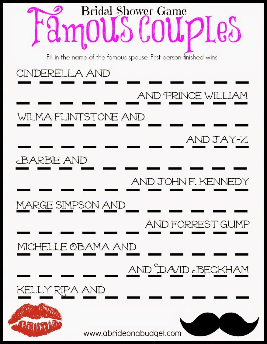 Famous Couples Bridal Shower Game Free Printable Bridal Shower Games Couples Bridal Shower Fun Bridal Shower Games