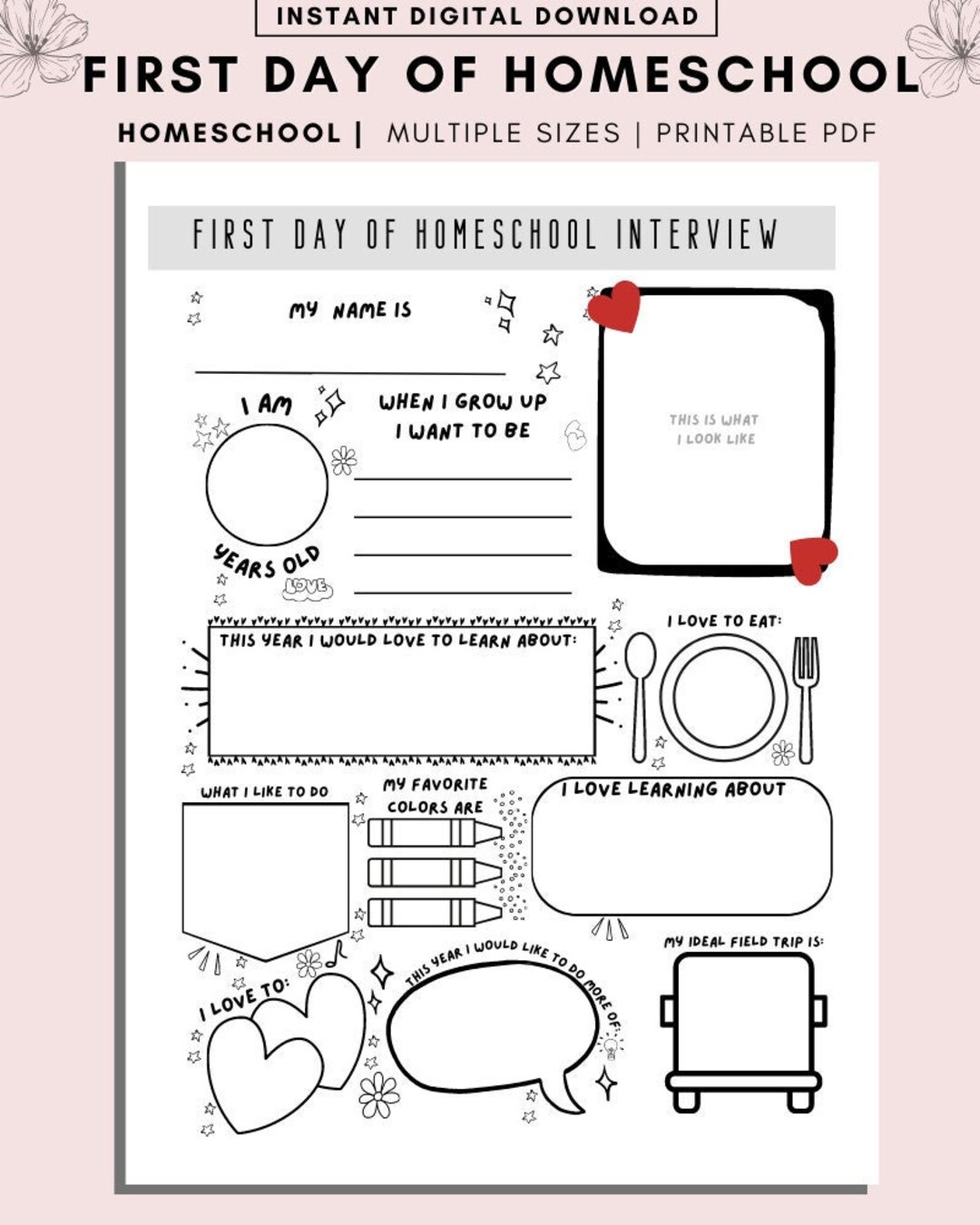 First Day Of Homeschool Interview Printable Homeschool Planner Homeschool Planner Printable Preschool Learning First Day Of School Etsy