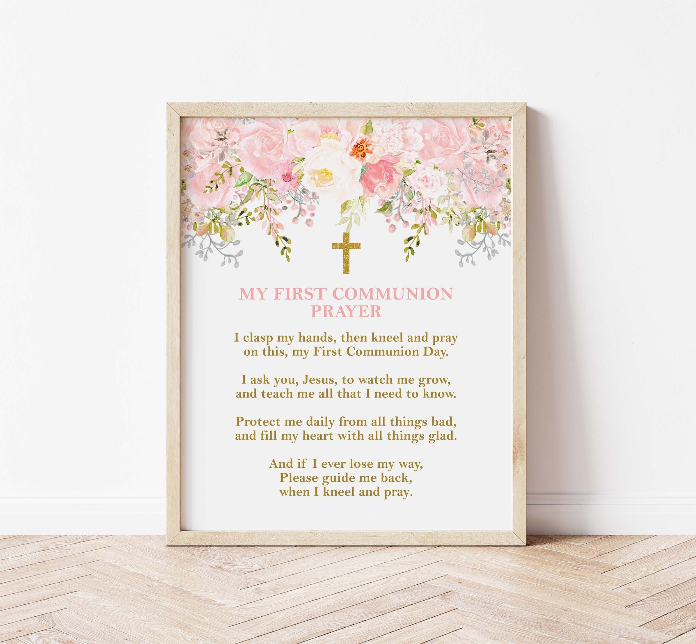 First Holy Communion Prayer Girl Communion Prayer Communion Decoration Pink And Gold Floral Watercolor Instant Download FC18 Etsy