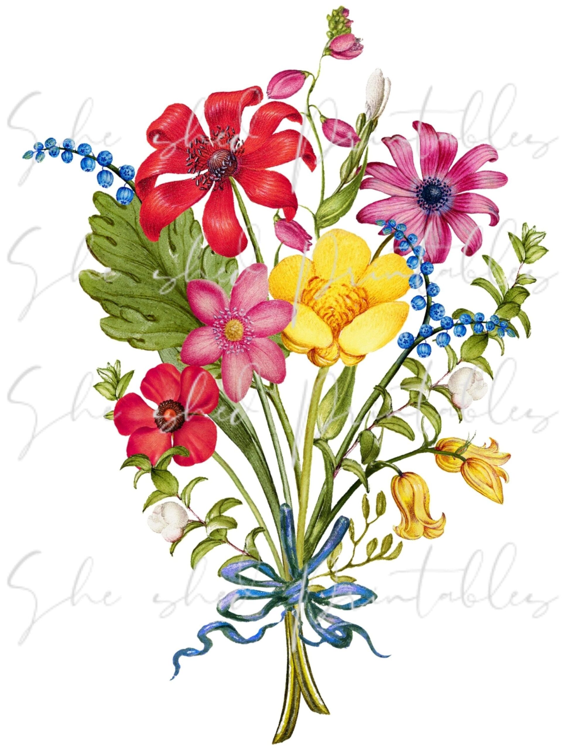 Flower Bouquet Digital Download Image Vintage Printable Clipart DIY Crafts 1700 s PNG JPG Botanical Floral Spring Bouquet Etsy