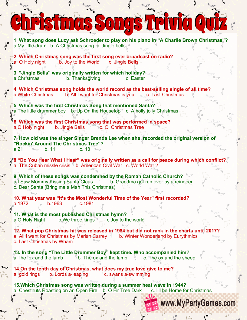 Free Printable Christmas Songs Trivia Quiz