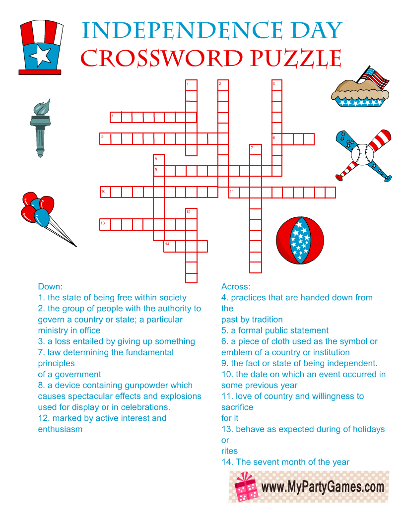 Free Printable Independence Day Crossword Puzzle With Answer Key