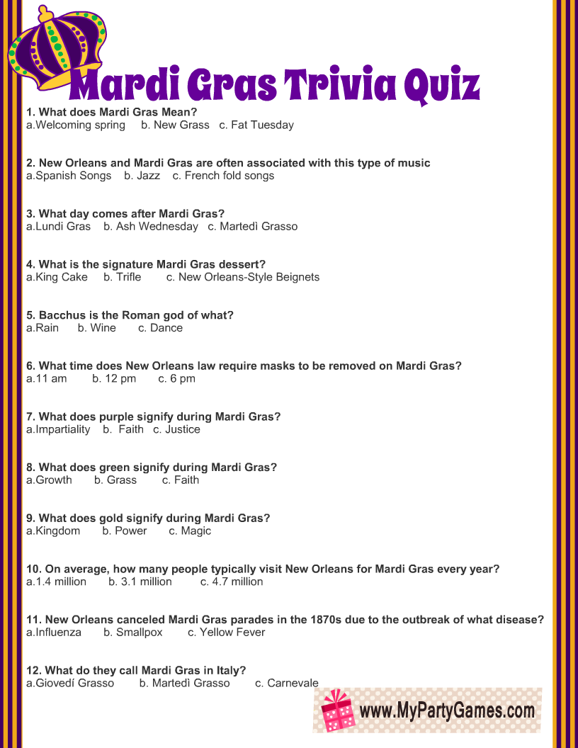 Free Printable Mardi Gras Trivia Quiz With Answer Key Mardi Gras Facts Mardi Gras