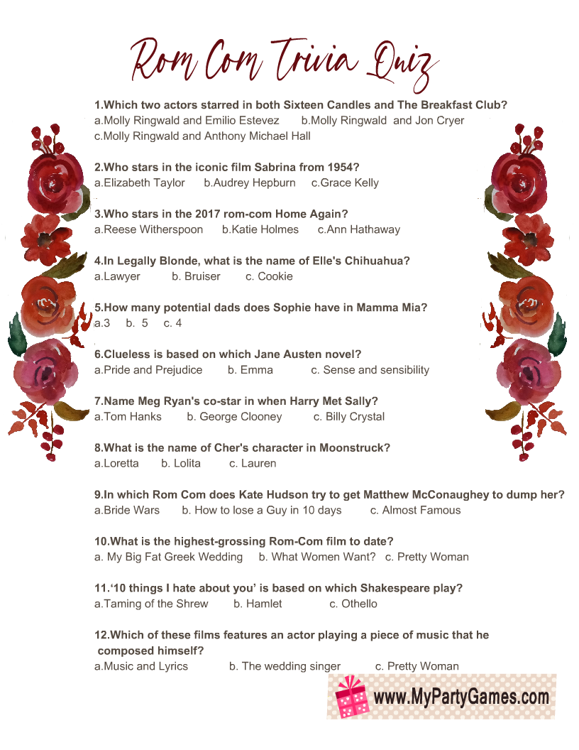 Free Printable Rom Com Trivia Quiz With Answer Key