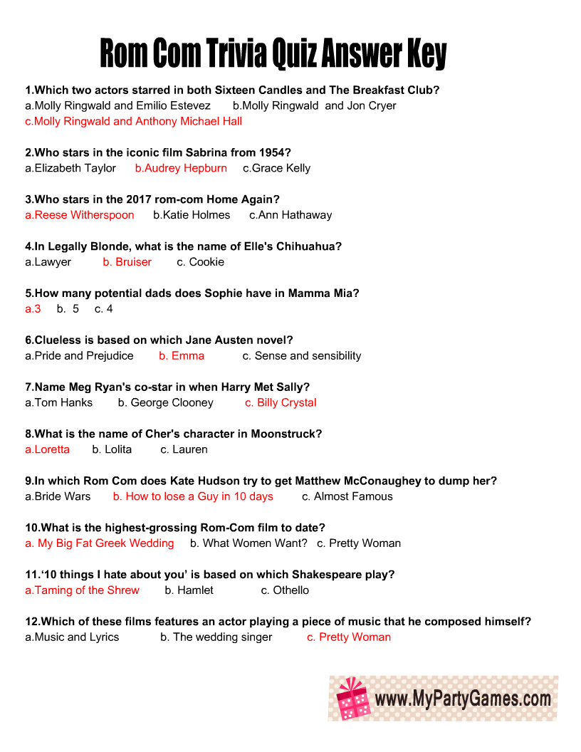 Free Printable Rom Com Trivia Quiz With Answer Key Trivia Quiz Fun Trivia Questions Movie Trivia Quiz