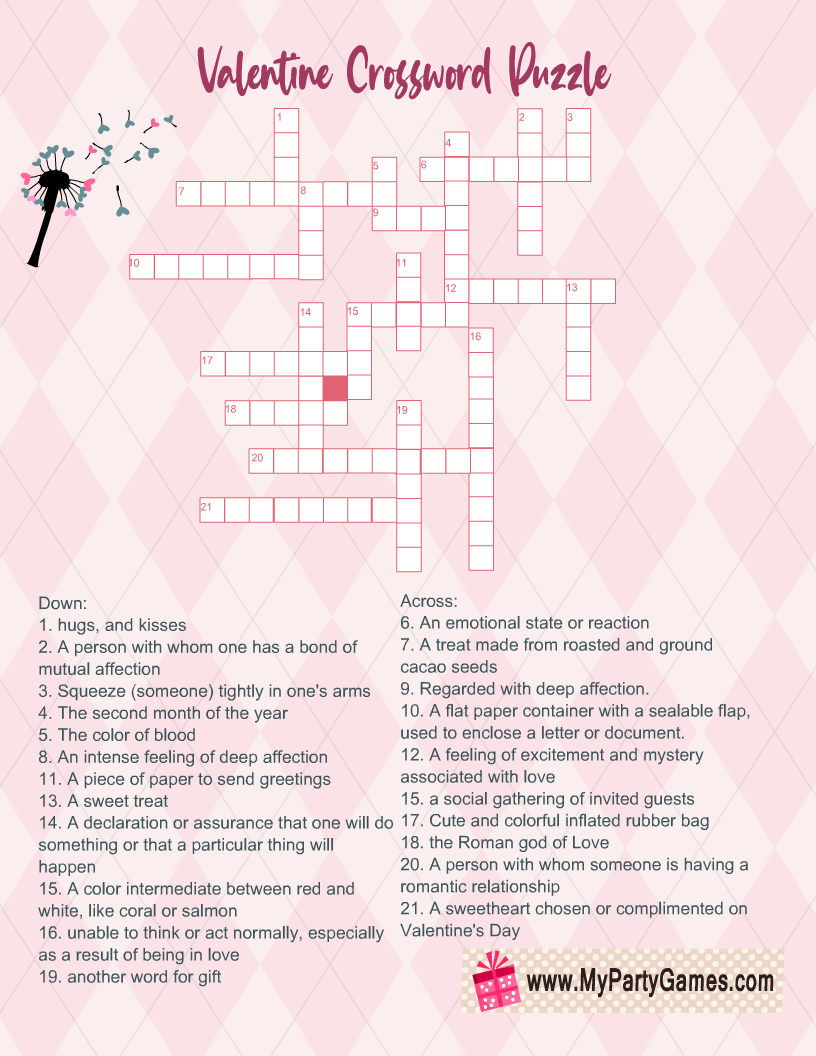 Free Printable Valentine s Day Crossword Puzzle With Answer Key Valentines Printables Free Valentines Printables Valentines Puzzles