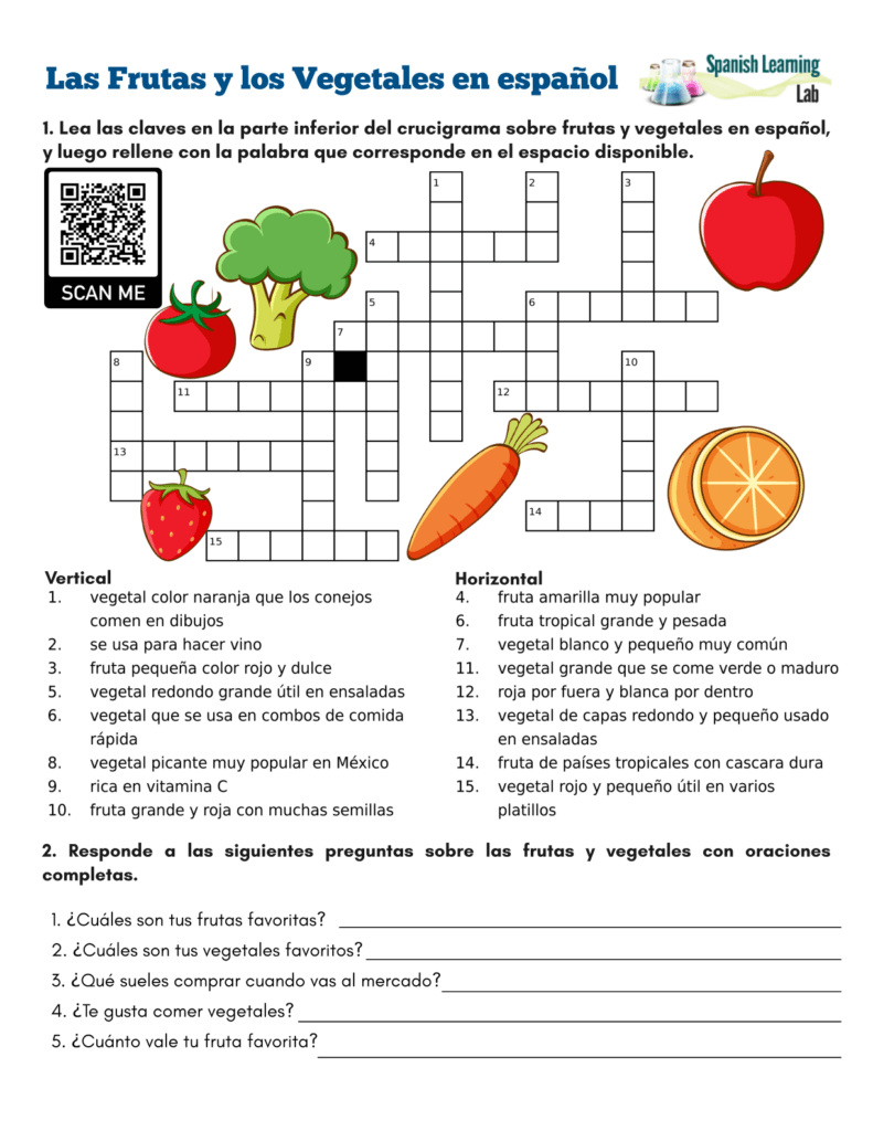 Fruits And Vegetables In Spanish PDF Crossword Puzzle Spanish Learning Lab