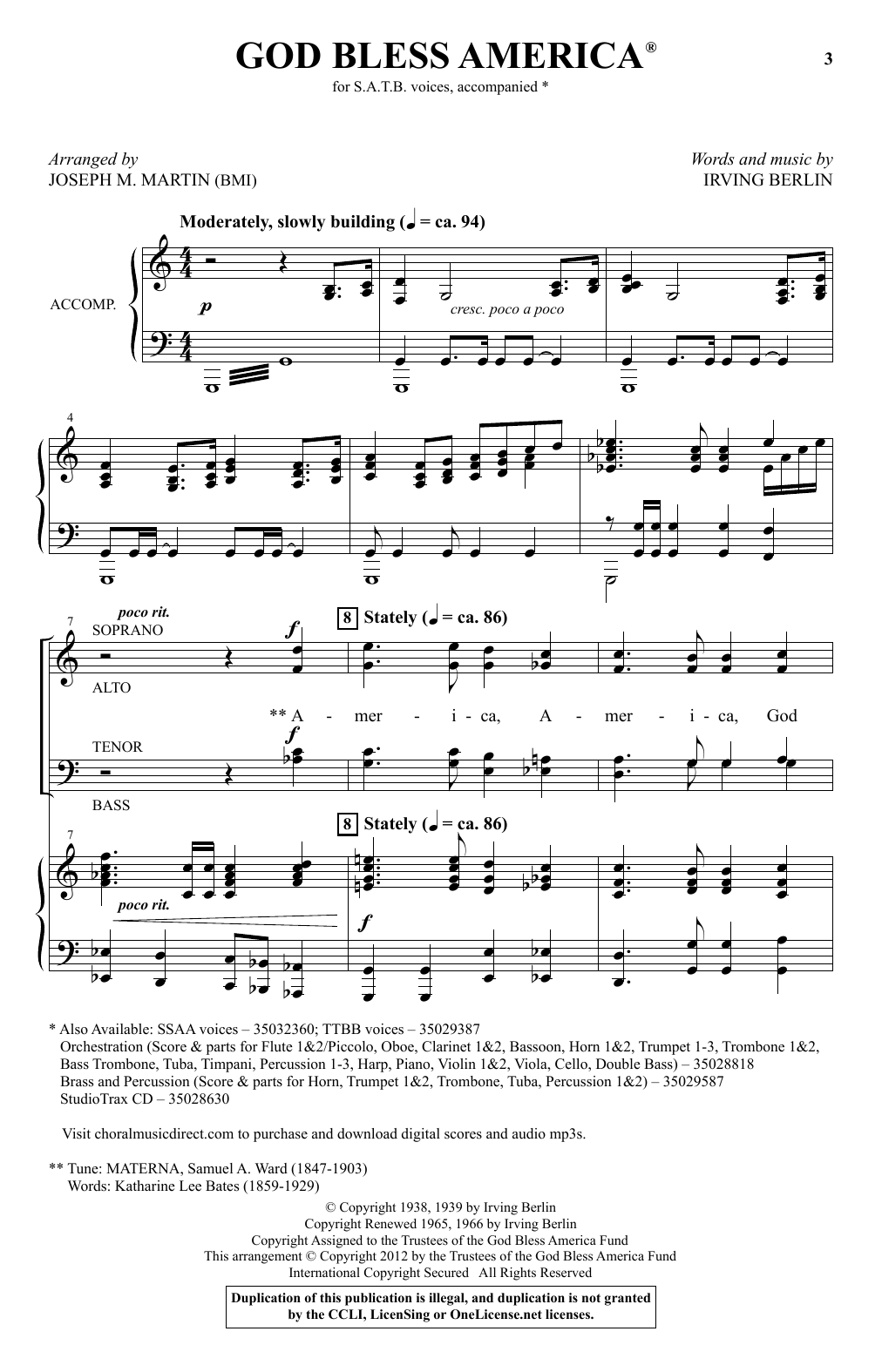 God Bless America arr Joseph M Martin Sheet Music Irving Berlin SATB Choir