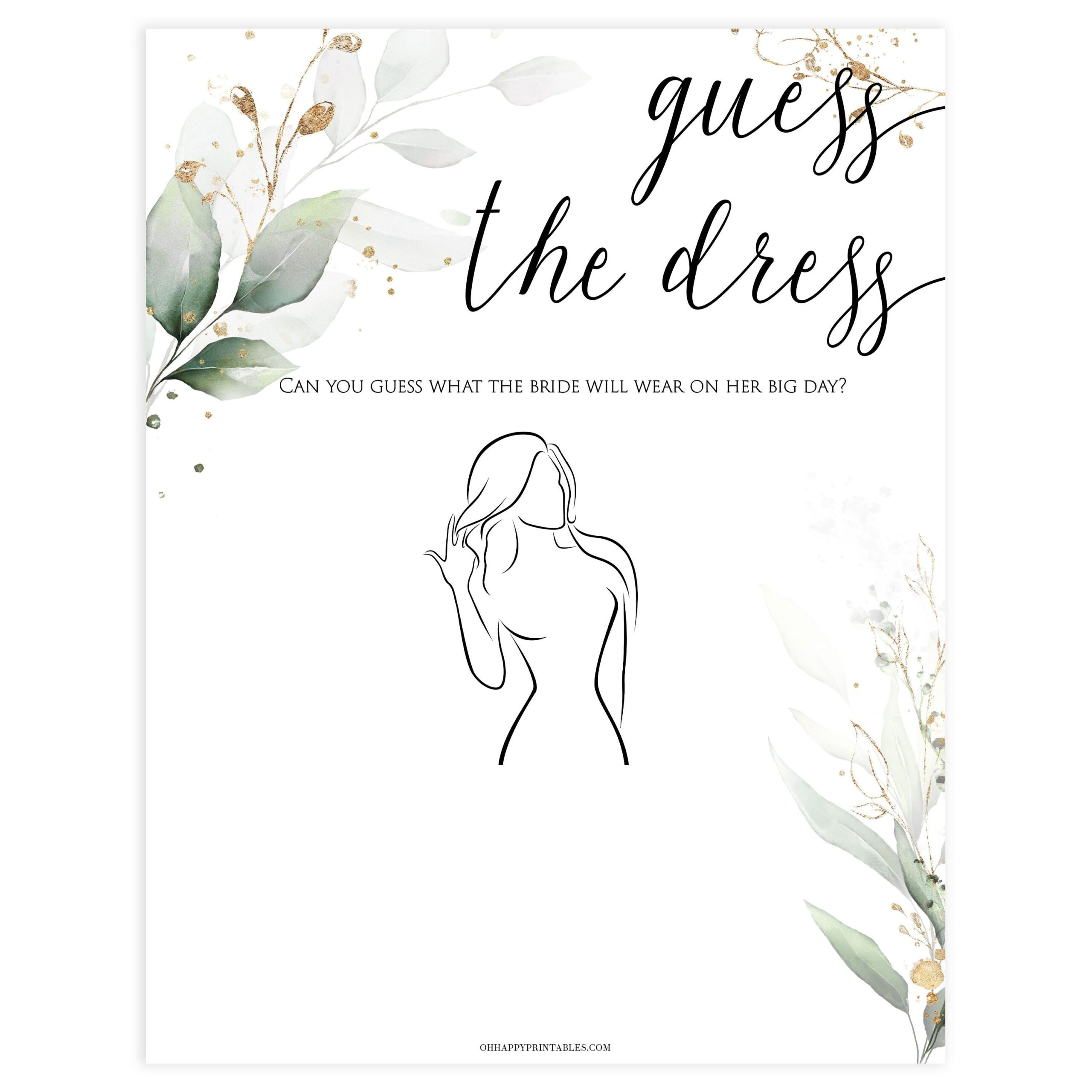 Guess The Dress Game Gold Leaf Printable Bridal Shower Games Fun Bridal Shower Games Printable Bridal Shower Games Bridal Shower Games