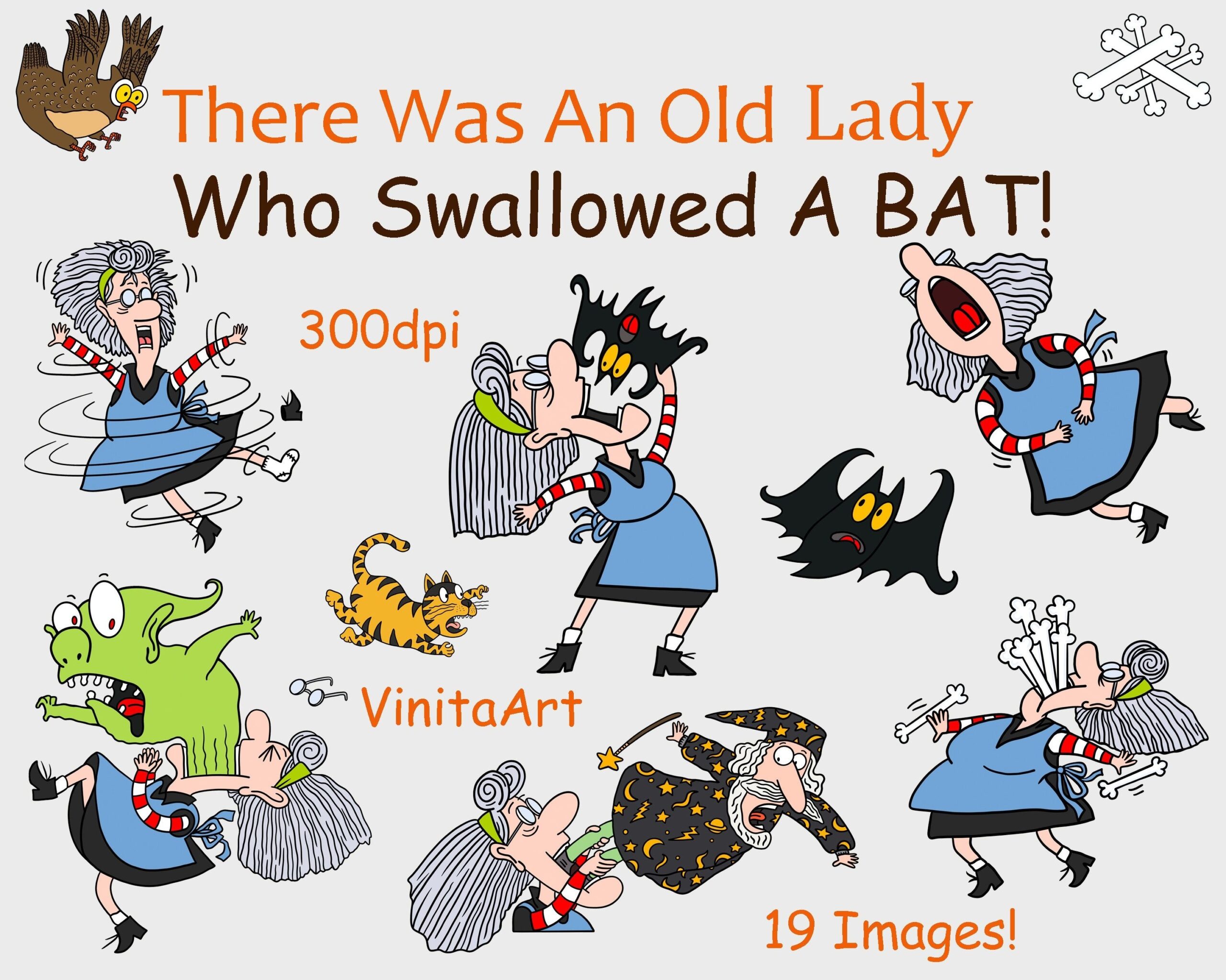 Halloween Clipart There Was An Old Lady Who Swallowed A Bat Storybook Clipart Digital Download Printable Coloring Pages Etsy