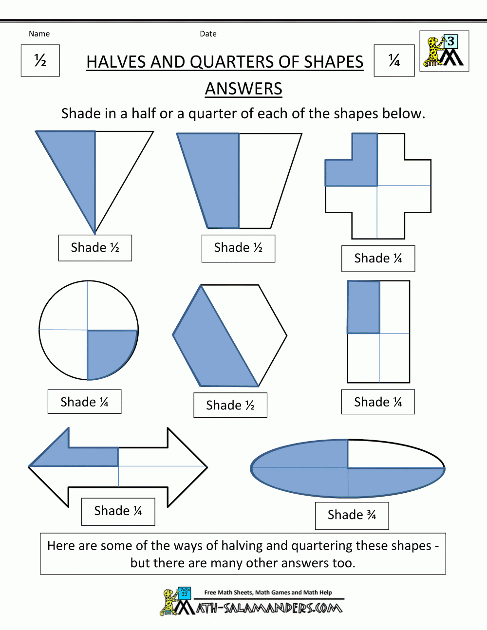 Halves And Quarters Of Shapes Answers 3rd Grade Math Worksheets Shapes Preschool Free Fraction Worksheets