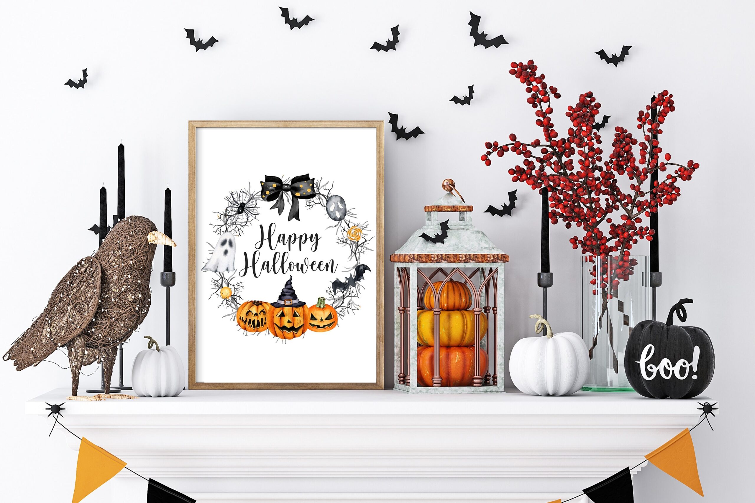 Happy Halloween Wreath Print Halloween Decor Spooky Wall Art Autumn Prints Happy Halloween Sign Trick Or Treat Etsy