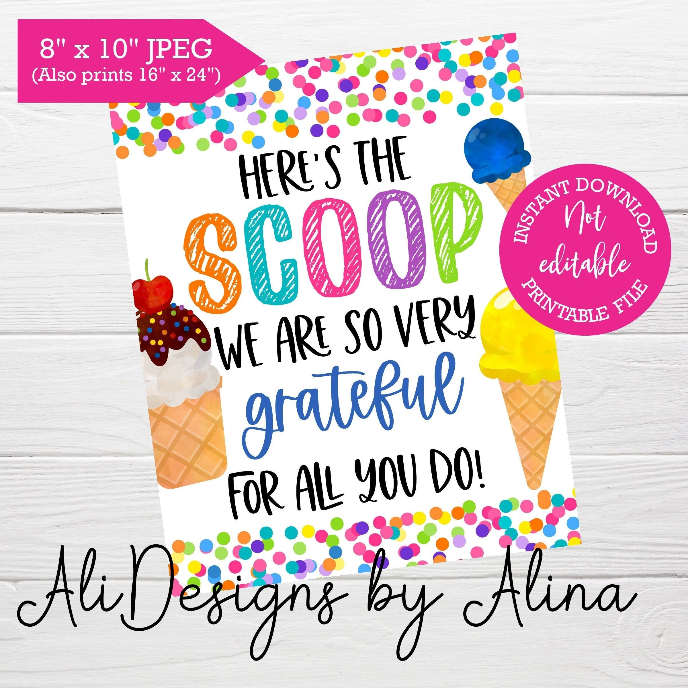 Here s The Scoop Ice Cream Printable Sign INSTANT Download Teacher And Staff Appreciation Week Ice Cream Social Sundae Bar Nurses Day Etsy Staff Appreciation Week Staff Appreciation Staff Appreciation Gifts