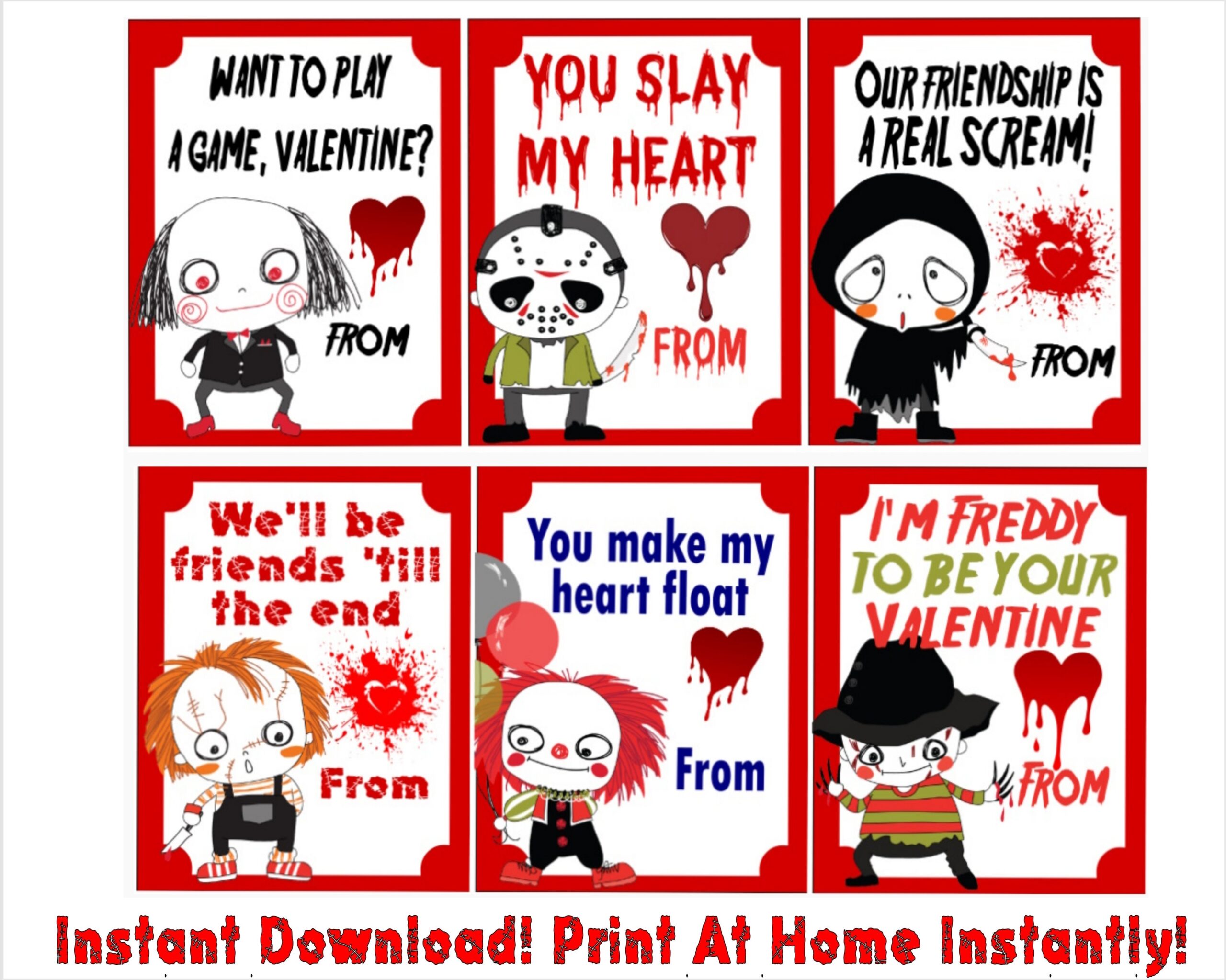 Horror Characters Valentine s Day Cards Printable Instant Download Print At Home Printable Valentine Cards For Kids Etsy
