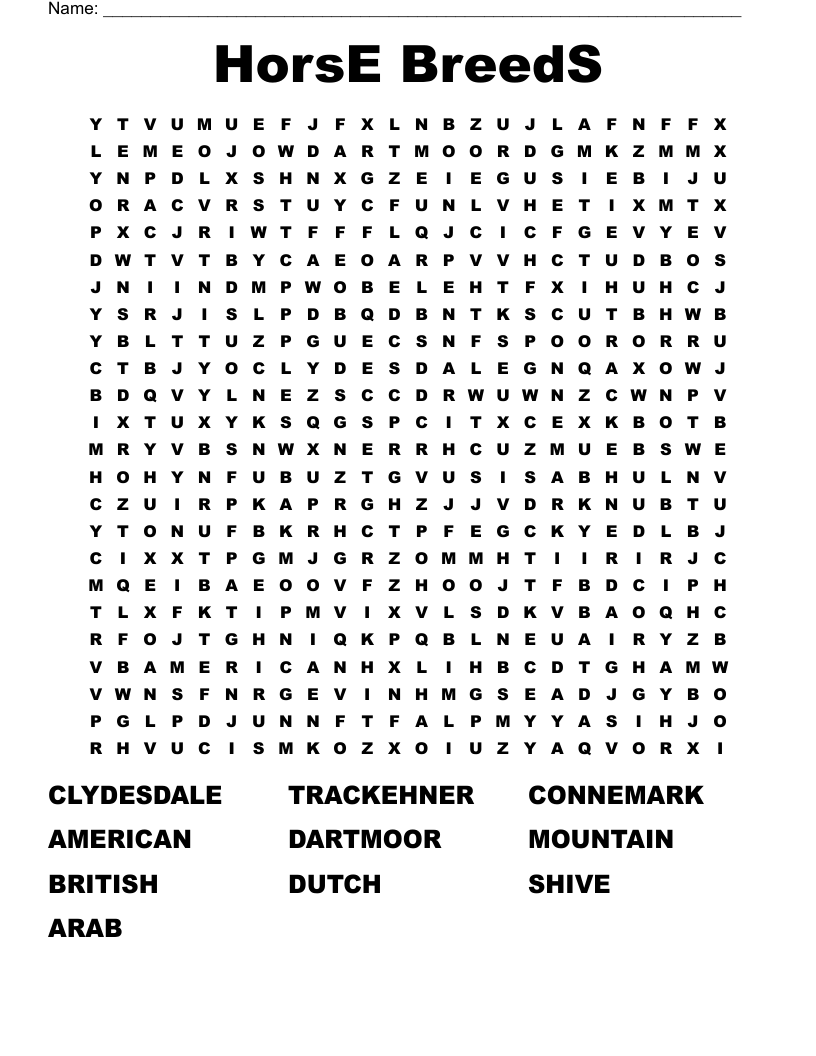 HorsE BreedS Word Search WordMint