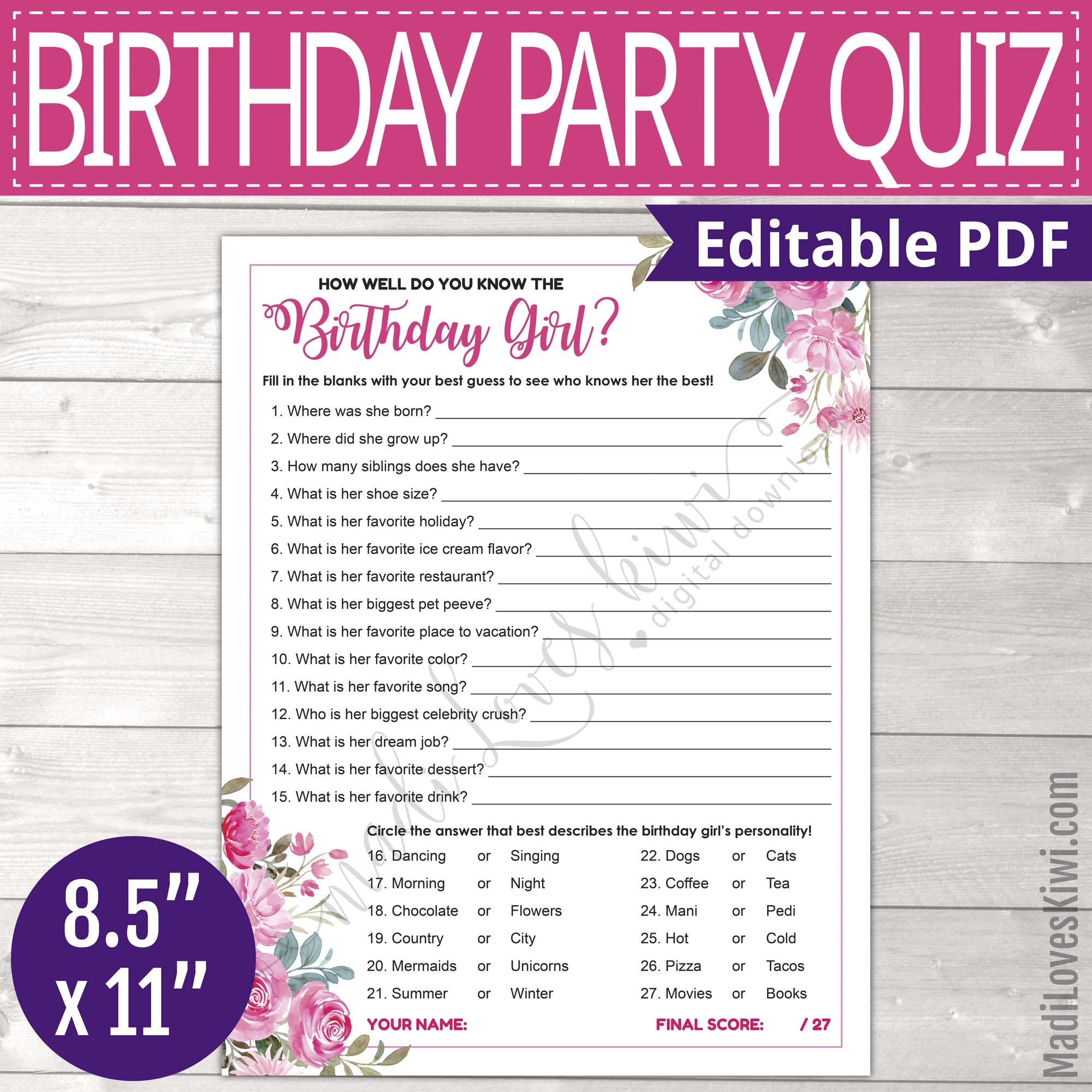 How Well Do You Know The Birthday Girl Quiz Printable Who Knows Bday Girl Best Party Game Madi Loves Kiwi Digital Downloads