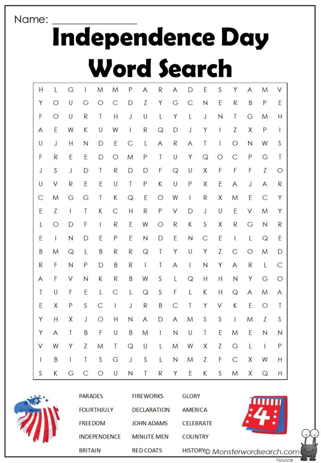 Independence Day Word Search Monster Word Search