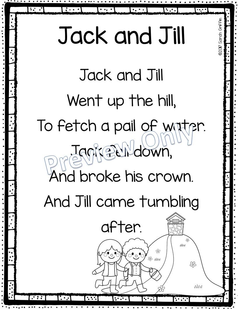 Jack And Jill Printable Nursery Rhyme Poem For Kids Nursery Rhymes Poems Rhymes For Kids Kids Nursery Rhymes