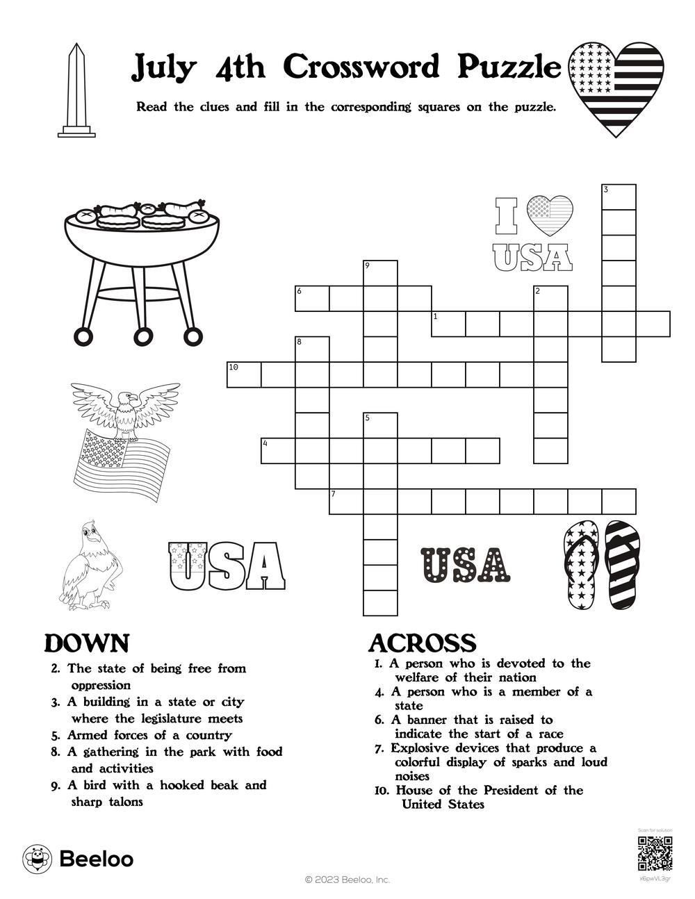 July 4th Crossword Puzzle Beeloo Printable Crafts And Activities For Kids