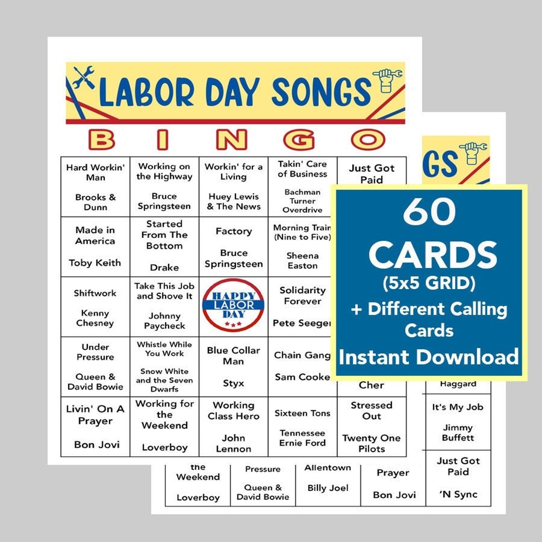 Labor Day Game Labor Day Songs Bingo Game Labor Day Printable Game Adult Kids Game Instant Download 60 Unique Bingo Cards Etsy