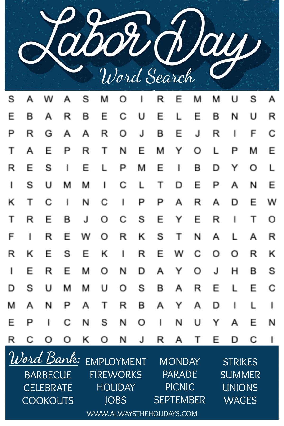 Labor Day Word Search Printable Free Word Find Answer Key