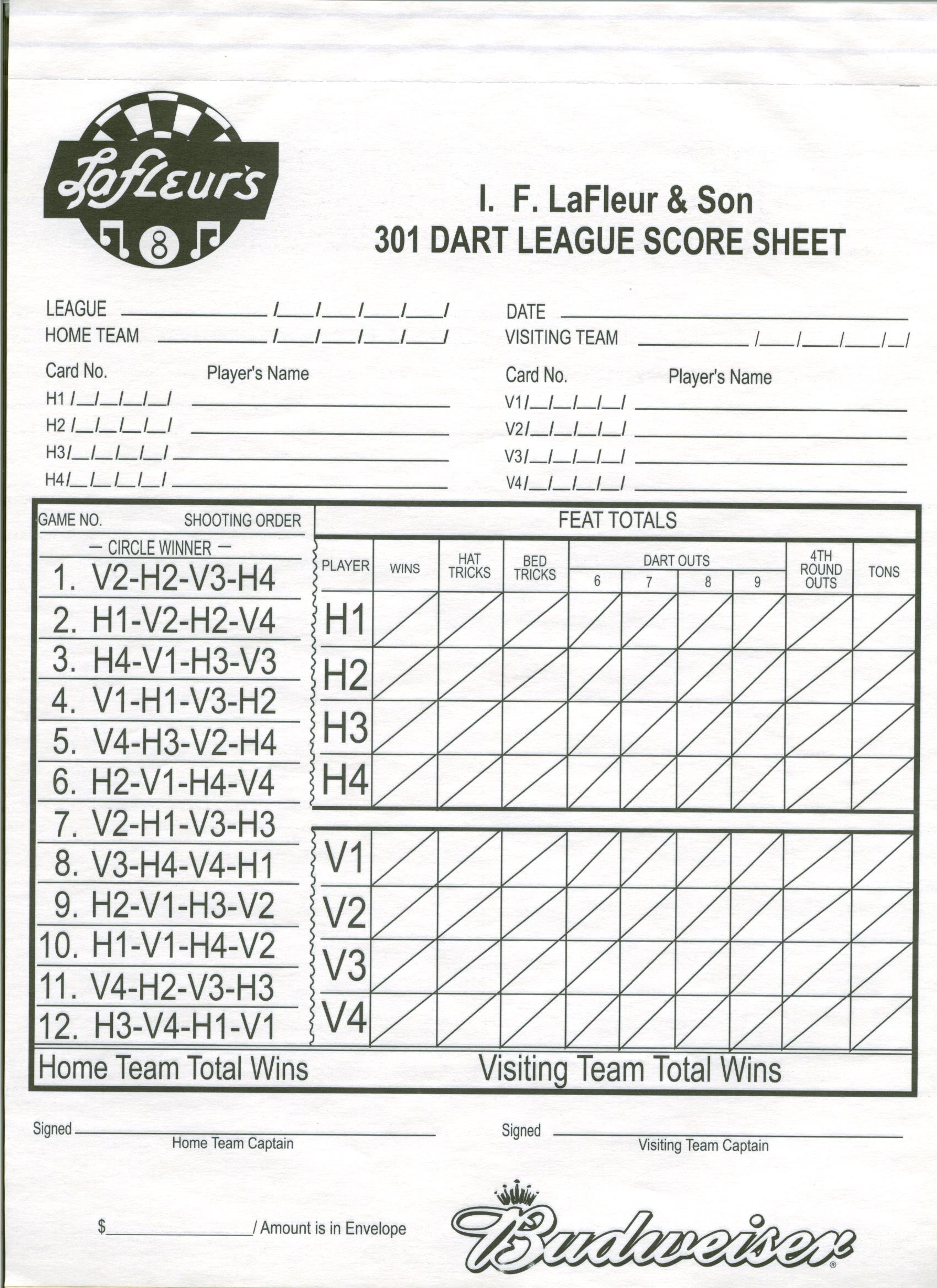 LaFleur Leagues North Dakota Dart Leagues Score Sheets