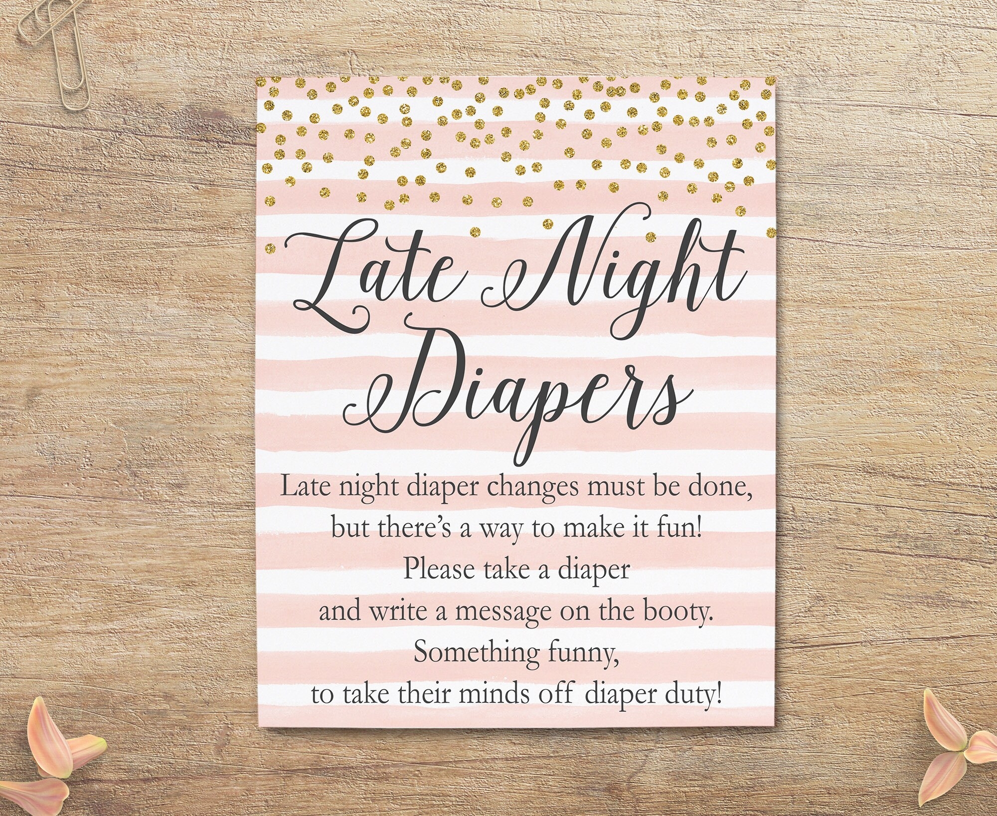 Late Night Diapers Sign Pink And Gold Printable Diaper Thoughts Diaper Game Message Baby Shower Girl GP Sprinkle Instant Download Etsy