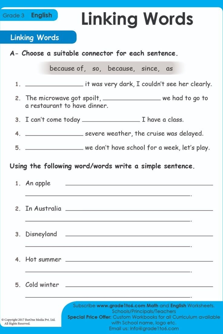 Linking Words Worksheet For Grade 3 PYP