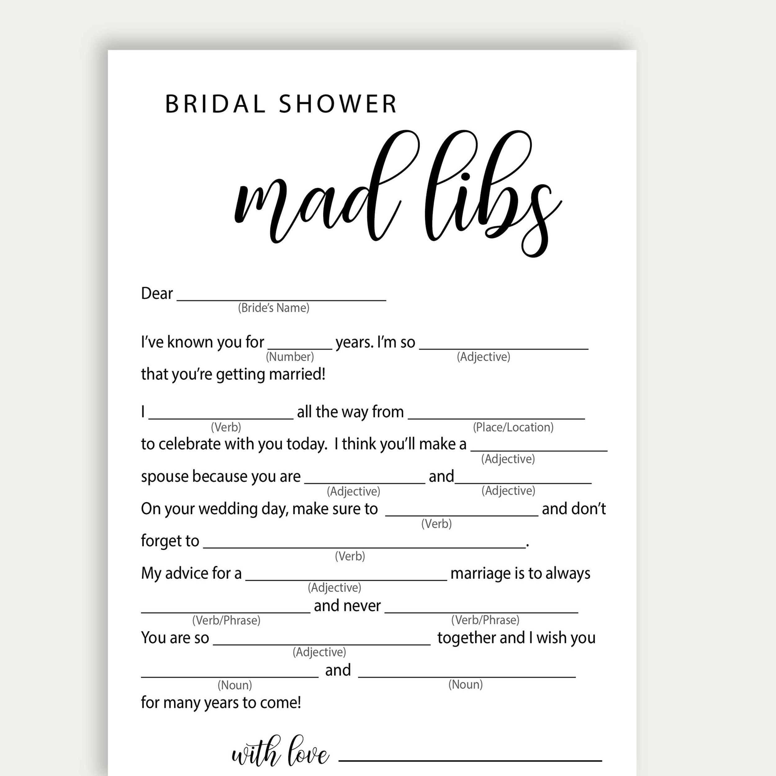 Bridal Shower Mad Libs Printable Free